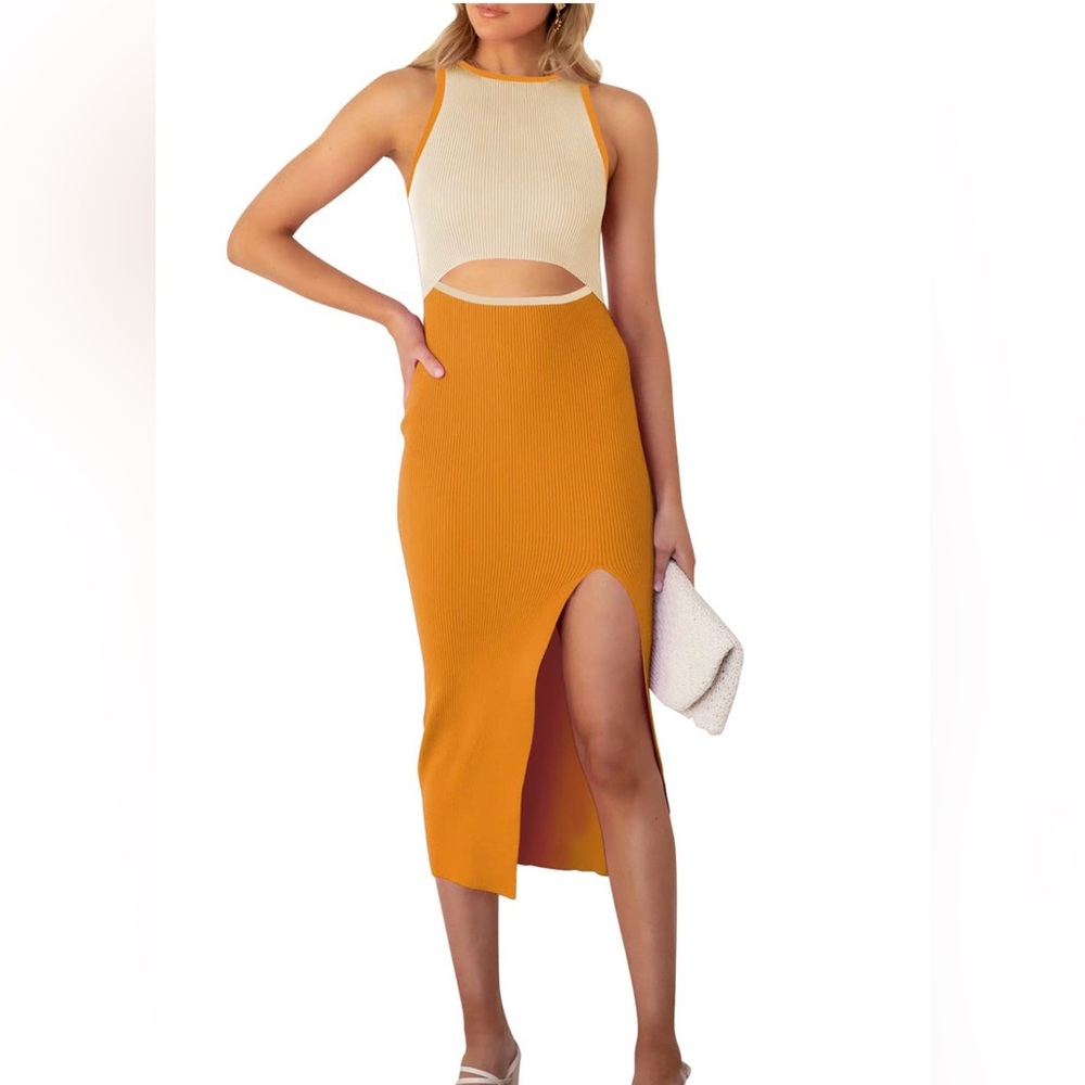 Women’s Cutout Crew Neck Sleevless Tank Slit Ribbed Bodycon Midi Dress Small